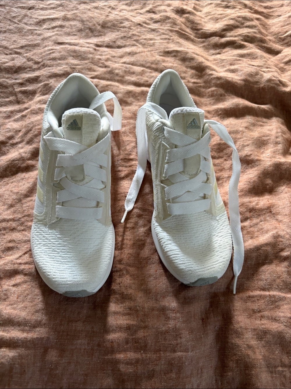 adidas White Knit Low-Top Sneakers with iridescent stripes